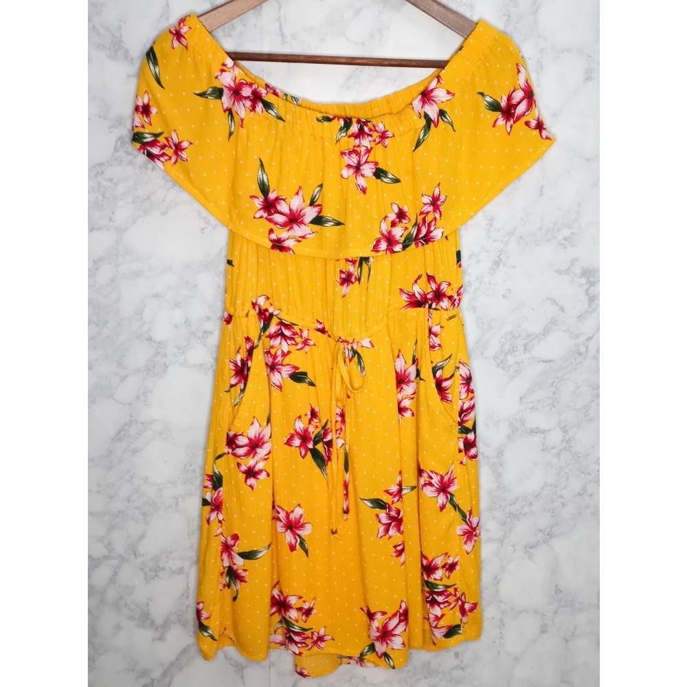 Guess Mini Dress Women M Yellow Floral Off Shoulders Feminine Tropical Vacation